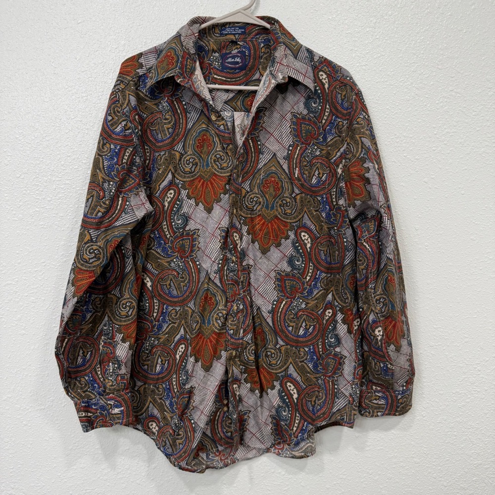Allen Solly Mens Large Paisley Glen‎ Plaid Cotton Long Sleeve Button Down Shirt